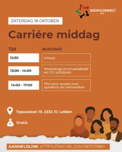 Flyer van de carrièremiddag op zaterdag 18 oktober in Leiden, met het programma van 12:30 tot 17:00.