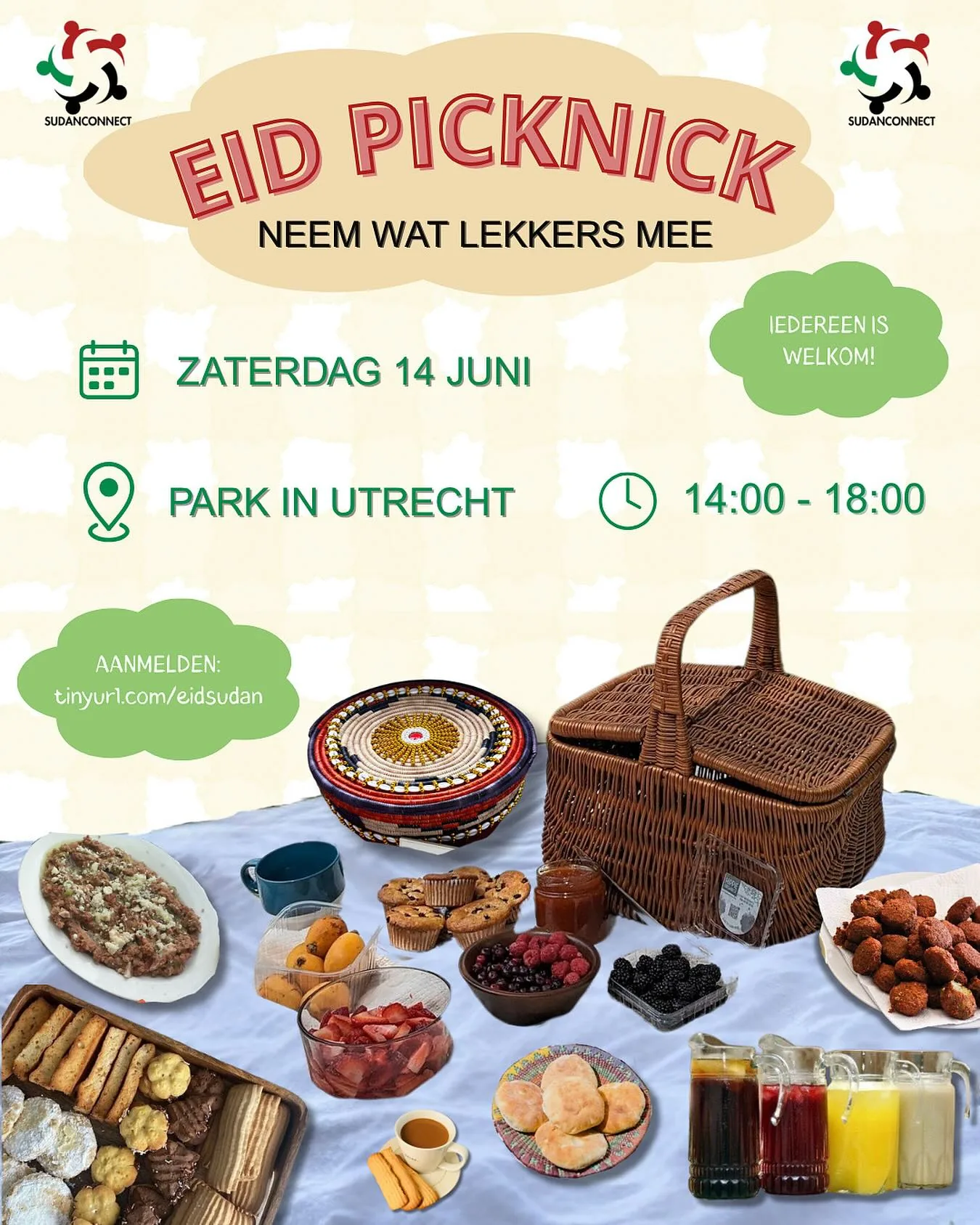Flyer van de Eid picknick: zaterdag 14 juni, 14:00 tot 18:00 in een park in Utrecht, neem zelf wat lekkers mee.