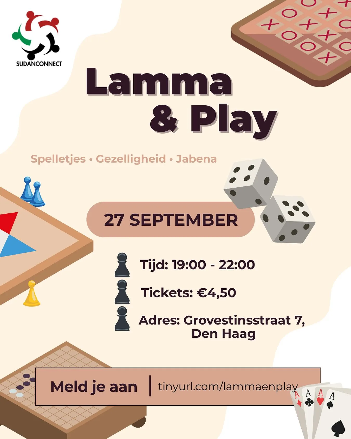 Flyer van Lamma en Play, de game night op 27 september in Den Haag, 19:00 tot 22:00, kaartje 4 euro 50.