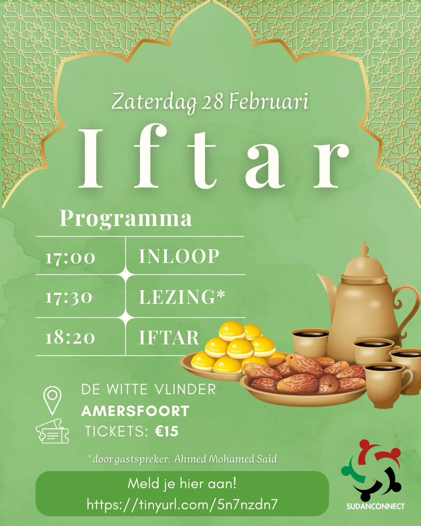 Flyer van de iftar op zaterdag 28 februari in De Witte Vlinder in Amersfoort, met het programma.