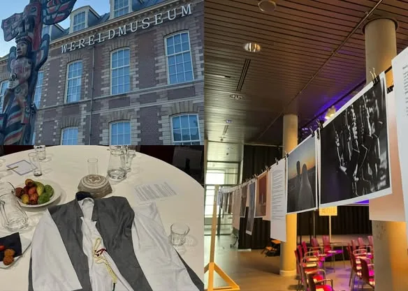Foto van de middag in Wereldmuseum Leiden, met een spreker voor het scherm en publiek in de zaal.