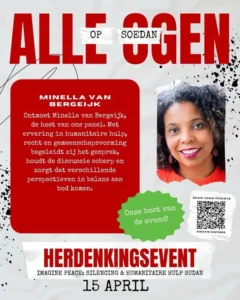 Sprekerskaart van het herdenkingsevent Alle ogen op Soedan: host Minella van Bergeijk.