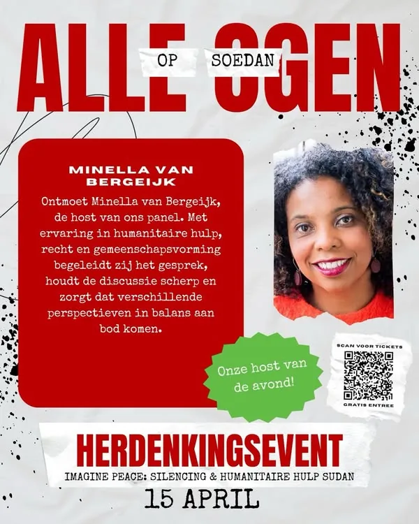 Sprekerskaart van het herdenkingsevent Alle ogen op Soedan: host Minella van Bergeijk.