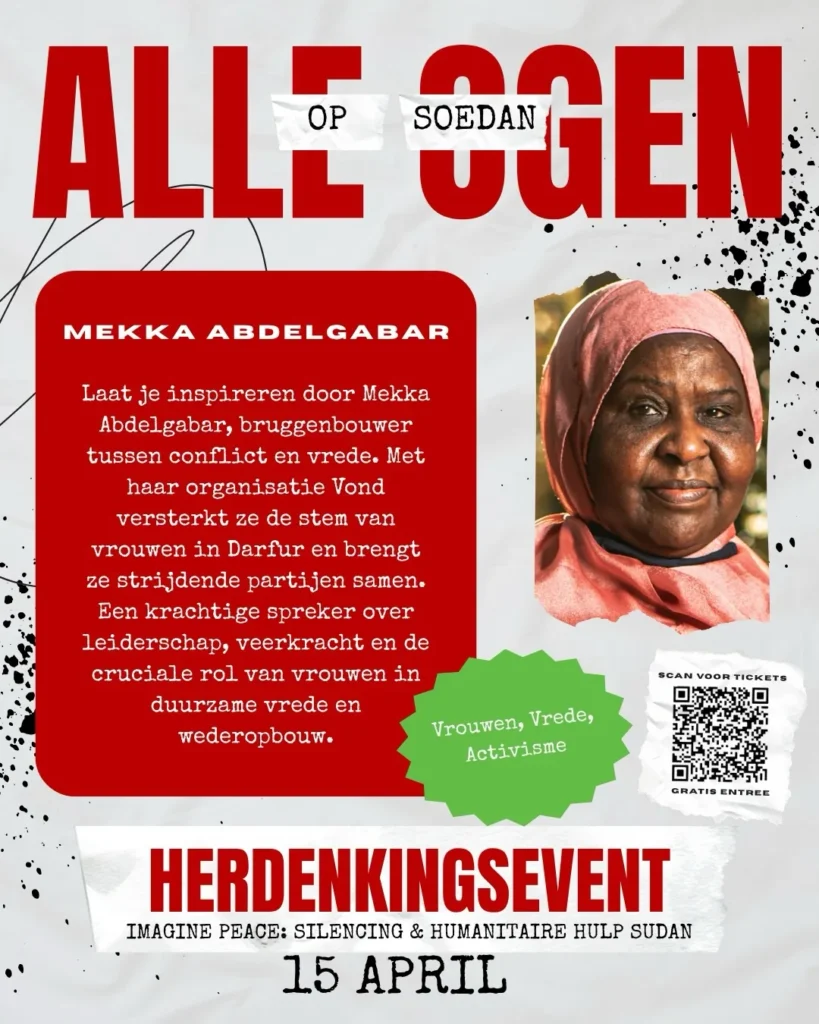 Sprekerskaart van het herdenkingsevent: Mekka Abdelgabar over vredesopbouw.