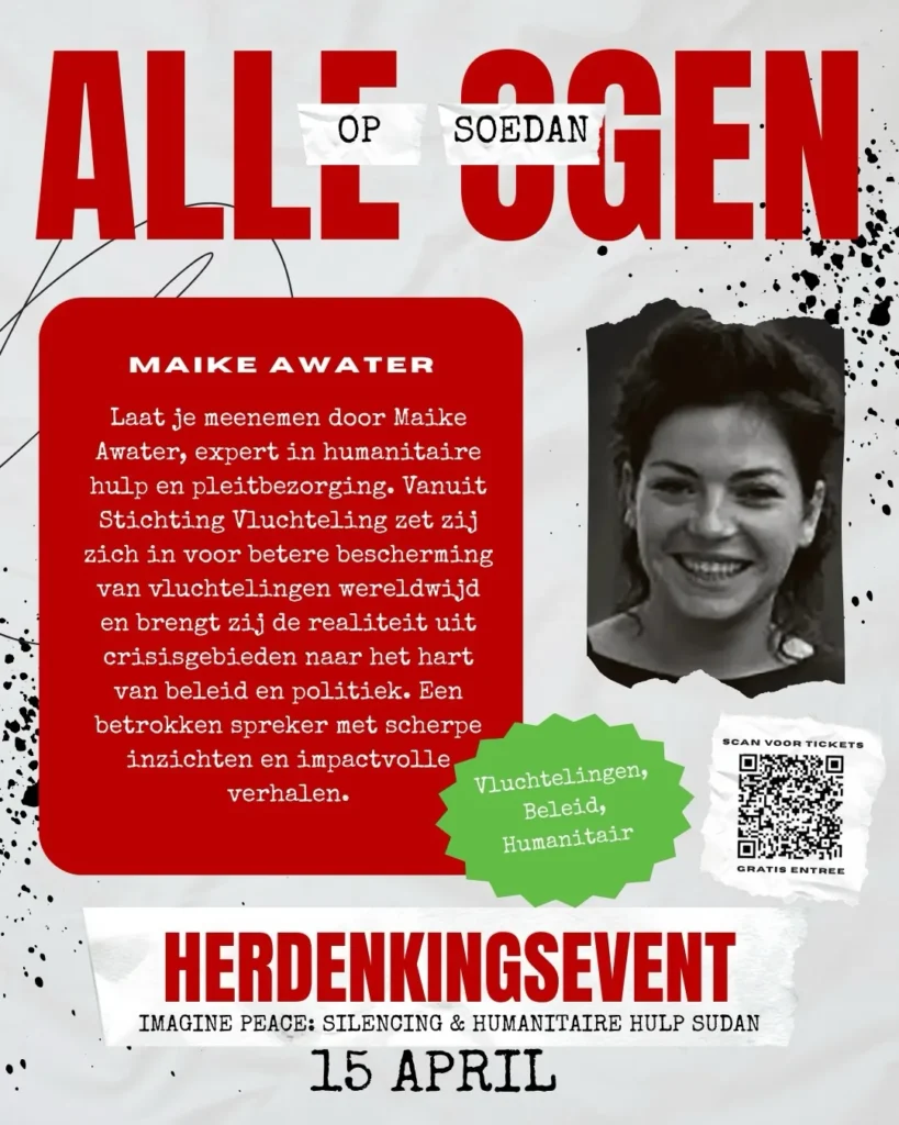 Sprekerskaart van het herdenkingsevent: Maike Awater over humanitaire hulp.