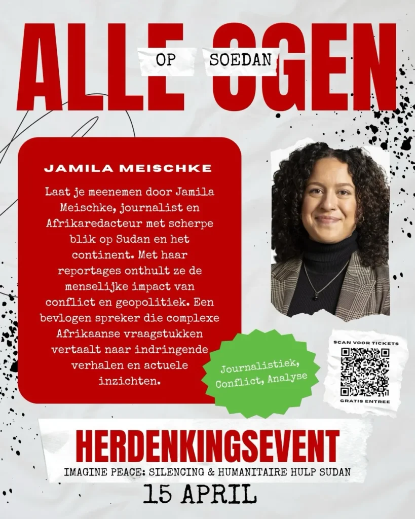 Sprekerskaart van het herdenkingsevent: Jamila Meischke over de stilte in de media.