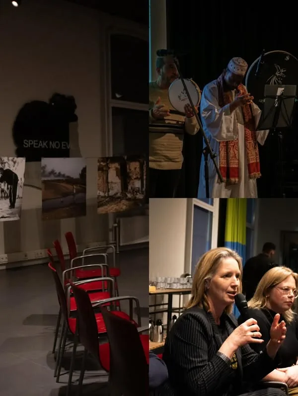 Bezoekers in gesprek aan tafel tijdens de avond van 15 april.