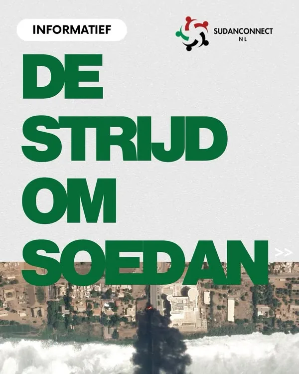 Titelplaat van de reeks De strijd om Soedan, met een foto van een verwoeste straat.