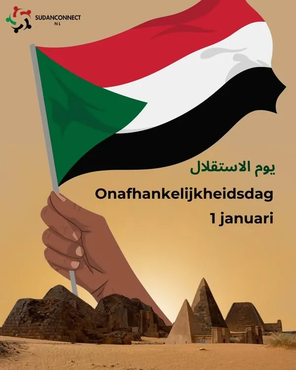 Plaat met de Soedanese vlag bij Onafhankelijkheidsdag op 1 januari.